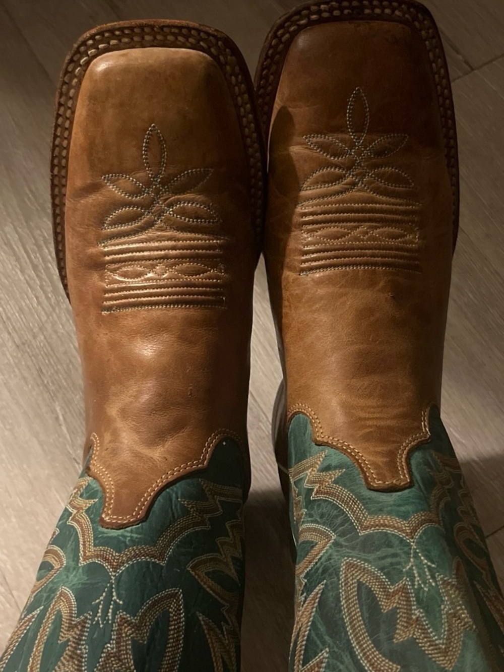 Justin Boots Brown Leather Cowboy Boots with Teal Embroidered Shaft